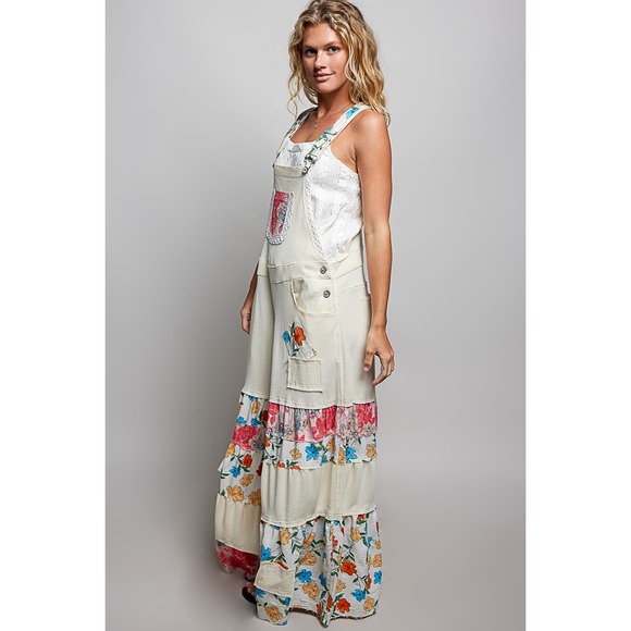 POL Boho Floral Patchwork Wide Leg Overalls Waffle Knit Jumpsuit Cream M - Picture 4 of 6